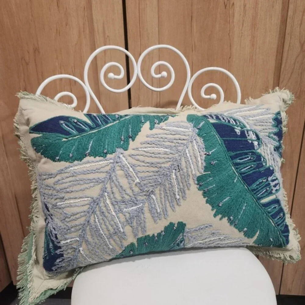 Tropical Leaf Embroidered Lumbar Pillow Coastal Boho Fringe Accent‎